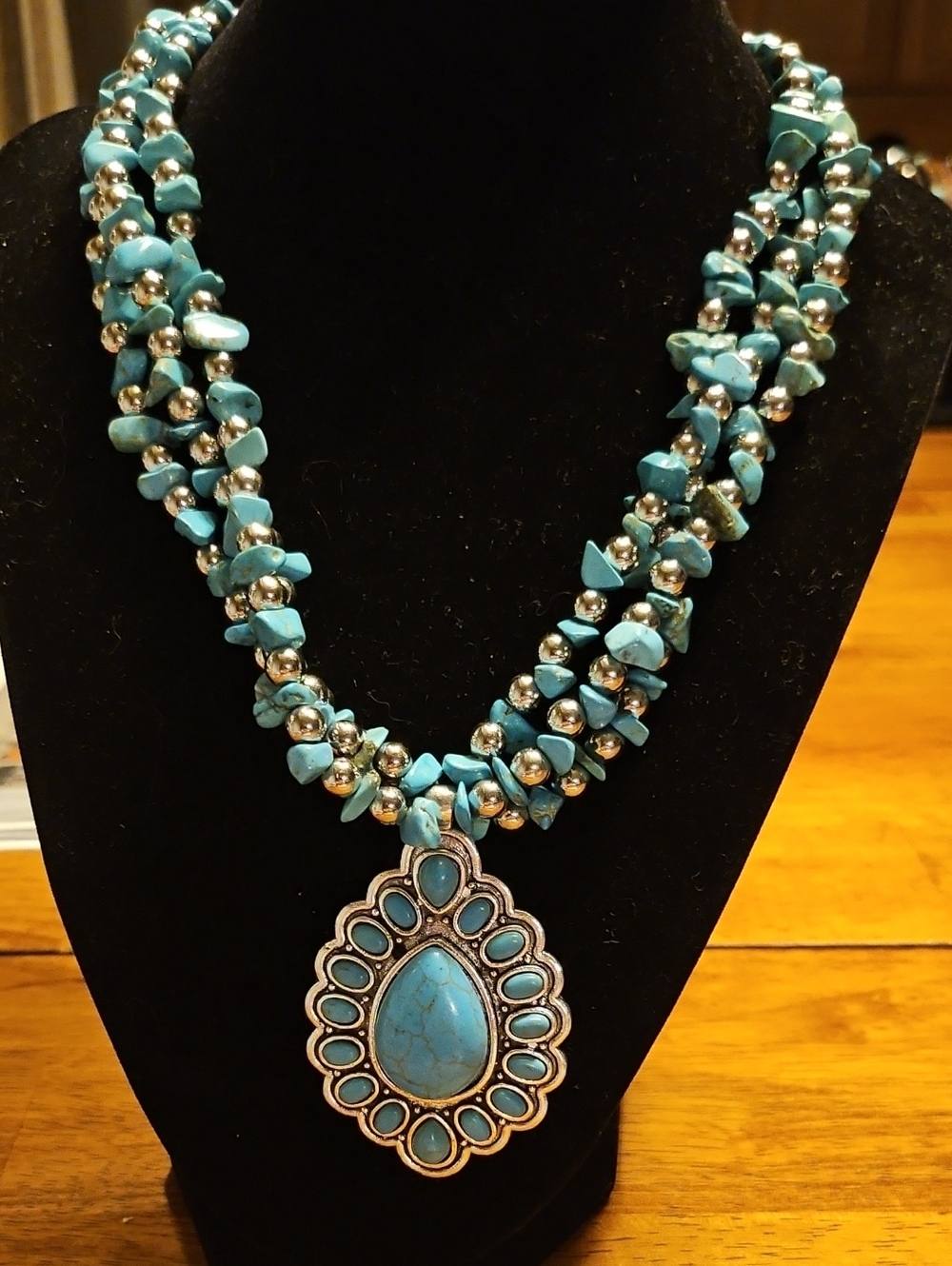 Turquoise Multi-Strand Beaded Necklace with Teardrop Pendant